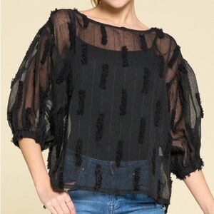 Know‎ one cares Black Textured Sheer 3/4 Sleeve Blouse, Size S, NWT